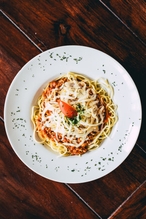 A top view of spaghetti bologneseの写真素材