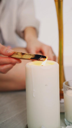 Homey Burning Candles - Concept For Comfort, Spirituality And Decoration. Symbol For Romance And Energyの写真素材