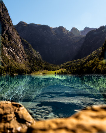 A beautiful landscape view of the highland and river reflectionの写真素材
