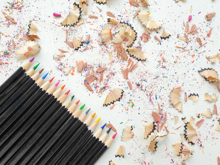 A top view of pencils and their shavingsの写真素材