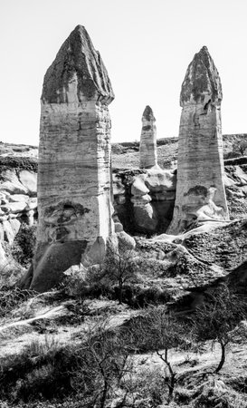 A grayscale of rock formations in Turkeyの写真素材