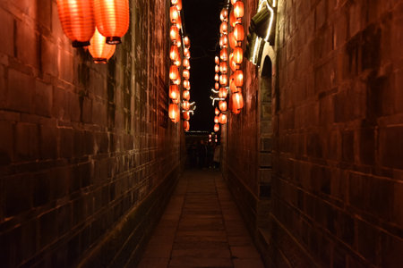 A Lantern Park in the City of Chengdu, China at nightの写真素材
