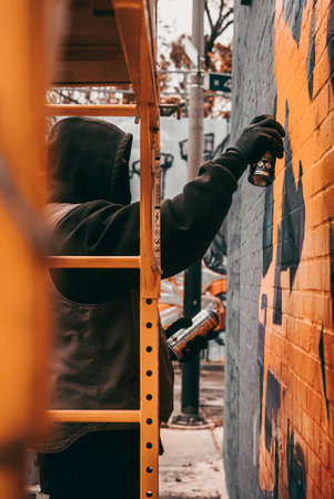 A side view of the artist drawing colorful graffiti on the wall of the buildingの写真素材