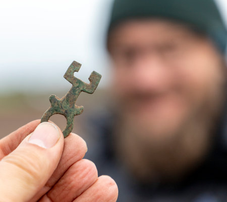 A closeup shot of Viking Age key on blurred background in Denmarkの写真素材