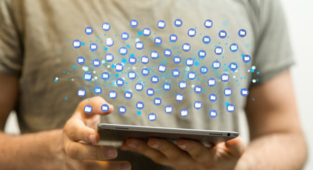 A 3D rendering of data network, email sign on the hands of a man