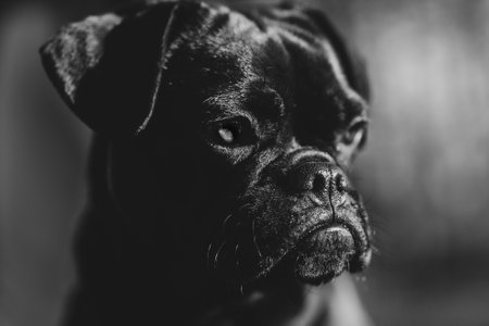 A closeup shot of a black boxer dogの写真素材