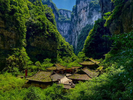 The beautiful view of rocks nature and houses of Wulong Districtの写真素材