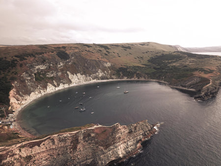 A scenic view of Lulworth Cove on the Jurassic Coast in Dorset, southern Englandの写真素材