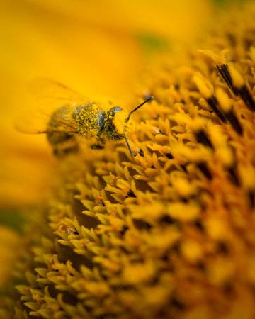 A closeup of a bee pollinating on a beautiful sunflower