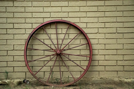 A closeup of an old red cart wheel leaning on a brick wallの写真素材