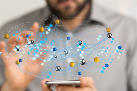 A 3d rendering of a digital network with a man holding his phone in the backgroundの写真素材