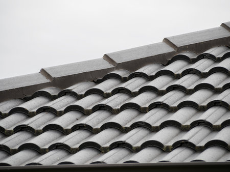 Close-up view of grey painted concrete tile roof