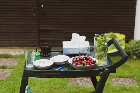 A closeup shot of plastic green cart with food and drinks on a garden
