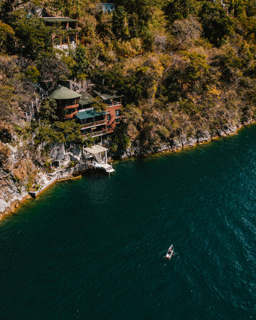 An aerial view of the lake Atitlan in Guatemala, Central Americaの写真素材