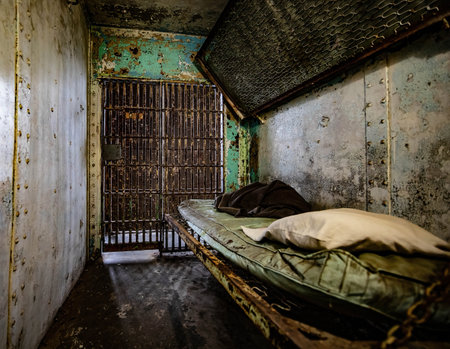A photo of a rustic metal room in the prisonの写真素材
