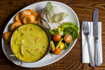 A top view of delicious lunch with rice, soup and saladの写真素材