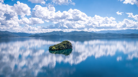 A landscape of Lake Lugu with a rock in it under a blue cloudy sky in Sichuan, Chinaの写真素材