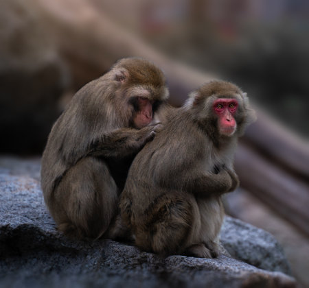 A closeup of Japanese macaques(Macaca fuscata) cleaning one another