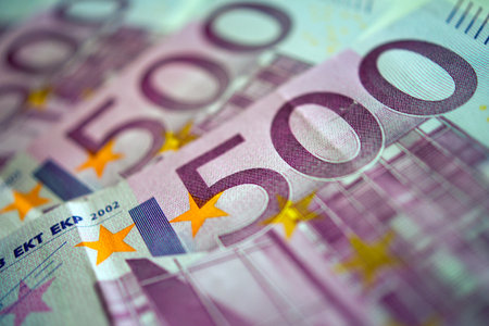 A closeup shot of 500 euro banknotes. Business concept