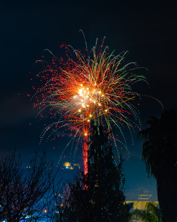 A vertical shot of beautiful exploding fireworks in the night sky in Naples, Italy