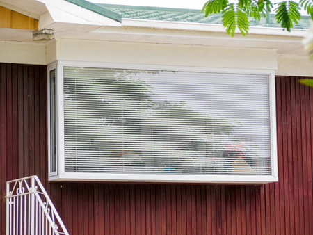 View of Garden window with white Venetian blinds