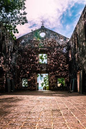 A vertical shot of Saint Paul's Church in Malacca City, Malaysiaの写真素材