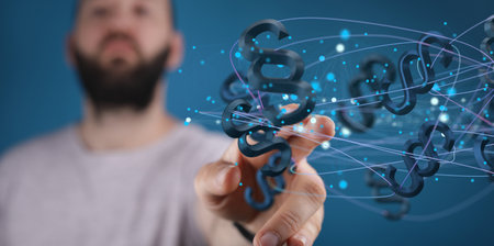 A 3D rendering of digital paragraph law symbols