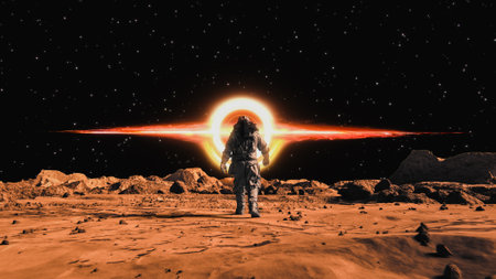 A background of an astronaut on the mars looking at the planet