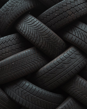 A vertical closeup of the stacked tires. Tires pattern.の写真素材