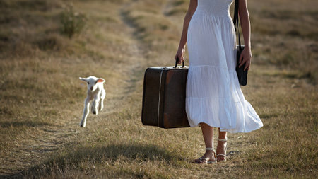 A cute lamb running after a woman in a white dress with a huge suitcase in a fieldの写真素材