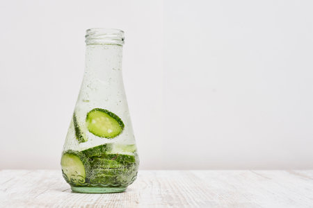 A closeup shot of refreshing drink in the bottle with cucumber slices on the wooden surfaceの写真素材