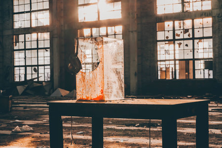 A scenic shot of a wooden table in the middle of the dark, abandoned building