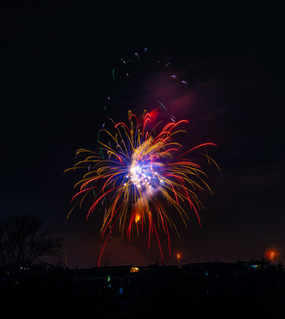 A vertical shot of beautiful exploding fireworks in the night sky in Naples, Italy