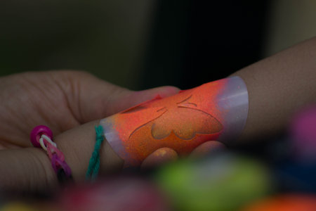 A shiny temporary sticker-tattoo of a butterfly on a girl's wristの写真素材