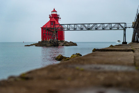 The Sturgeon Bay Ship Canal Pierhead Lighthouse in Door County, Wisconsin, the USA
