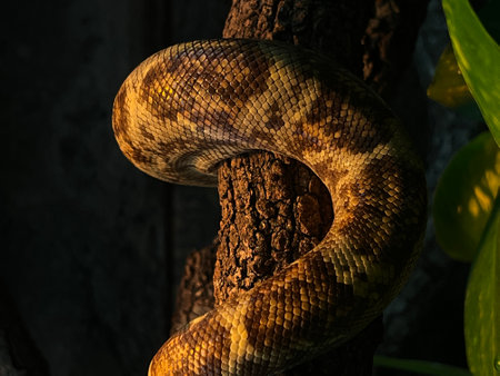A closeup of a brown snake skin texture of on a tree branch
