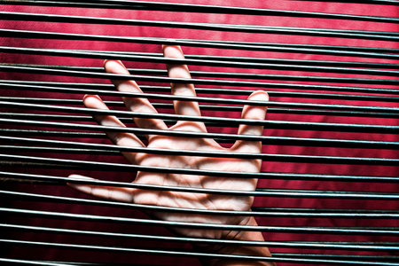 A closeup of a human hand behind bars on a red backgroundの写真素材