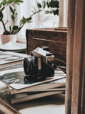 A vertical shot of a vintage camera on a silver book about film photography and lightの写真素材