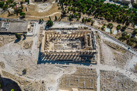 A bird's eye view of Acropolis, Athens, Greece under a bright sunlightの写真素材
