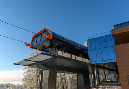 Closed cable car station during winter 2021 at Sljeme near Zagreb, Croatia. Opening of cable car operation was postponed because of permit issuesの写真素材