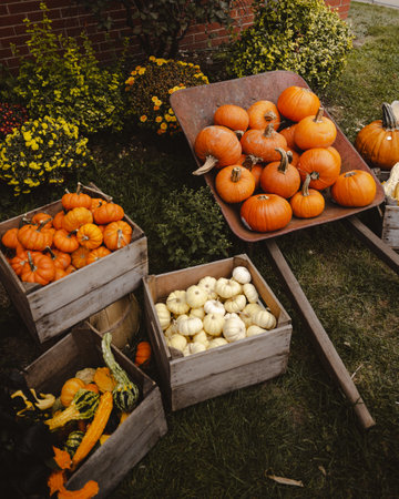 A top view of fresh orange and white pumpkins in a basket, preparing for Halloween