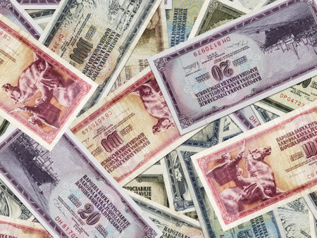 Top view of intage yugoslavian dinar banknotesの写真素材
