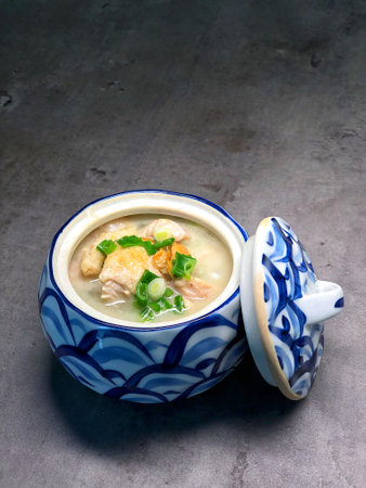 A shot of Chicken soup with Pepper & Scallionの写真素材