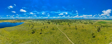 A panoramic shot of a big green field at Rangers Vally Cattle with beautiful blue sky in Australia...