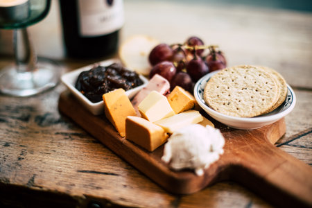 A high angle shot of wine appetizers on a wooden surface in a restaurant