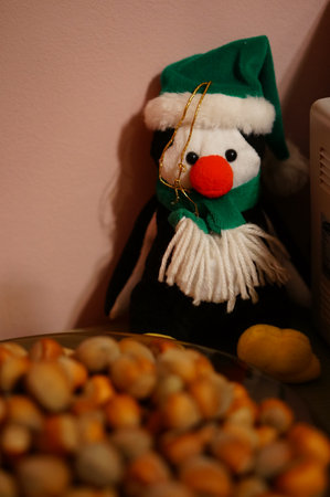 A vertical shot of Christmas snowman toy on blurred background