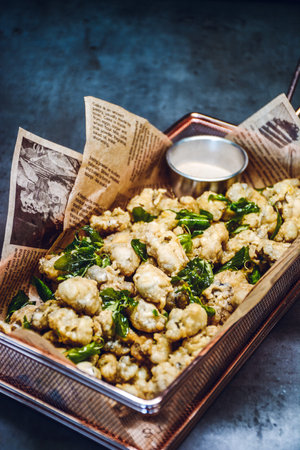 A closeup shot of tasty Taiwanese Fried Oyster on isolated backgroundの写真素材