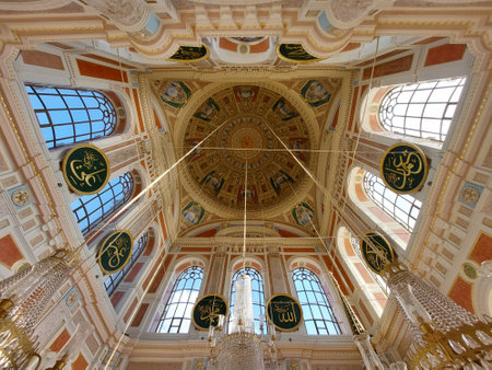 A low angle shot of Suleymaniye Mosque ceiling interior in Istanbul, Turkey