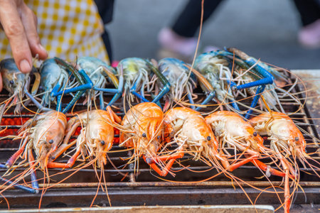 Gourmet shrimp and prawns straight from the grill at a street Marの写真素材