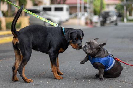A closeup of a Rottweiler meeting French Bulldog